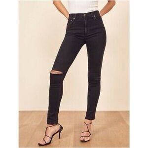 Reformation High & Skinny Faded Black Destroyed Distressed Blow Out Knee Jean 28